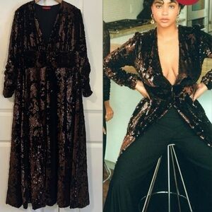 Maer Co. full length topper jacket black velvet chocolate copper sequins NWT